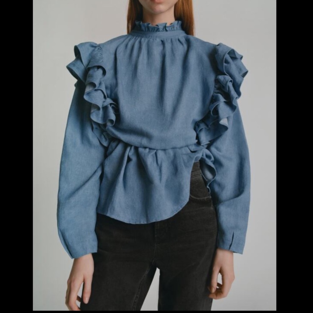 Zara Denim Top With Ruffles Size Small - Picture 2 of 4